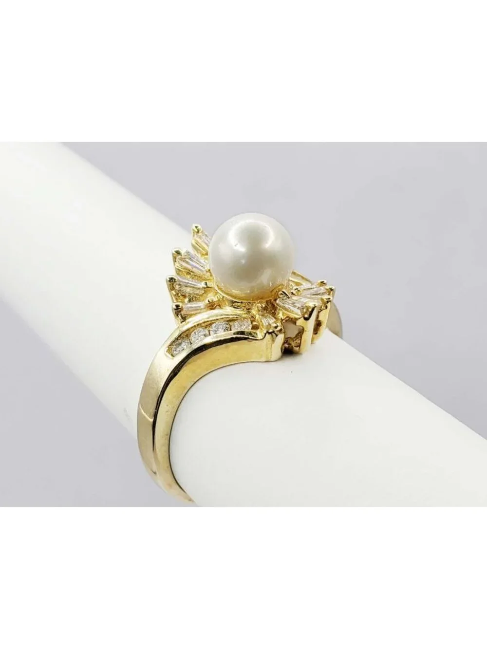 6.8mm Cultured Pearl & Diamond Halo Bypass Burst Ring 14k Gold Size 8